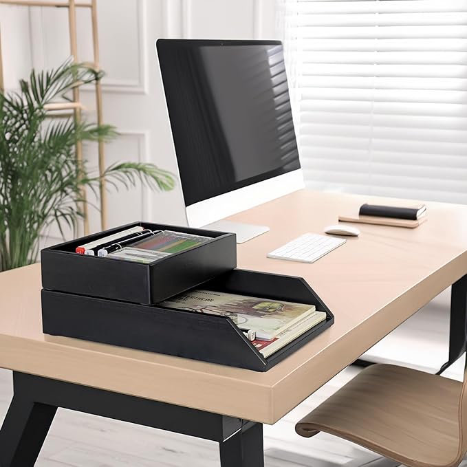 Demigo Desk Organizer Letter Tray Set of 2, Acacia Wood Tabletop Desktop for Storage Paper Letter Folders Notebooks Copy Print, Workspace Holder, Keep Stationery Saver (Black)