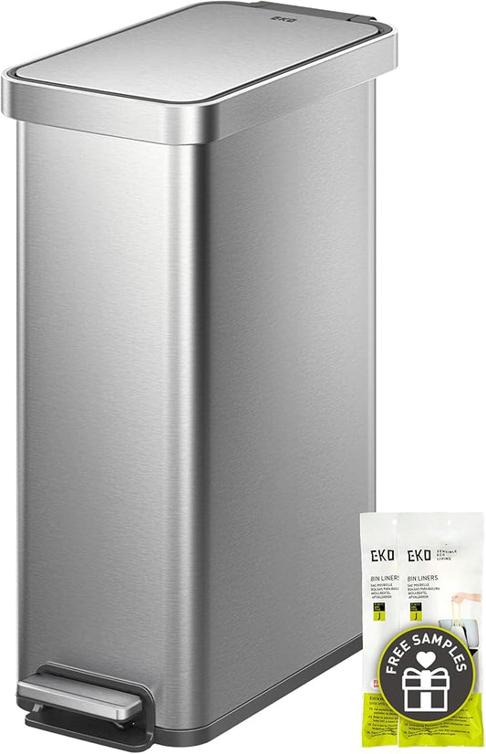 EKO Hudson Slim 50L / 13.2 Gallon Kitchen Trash Can with Lid, Stainless Steel Step Garbage Can for Kitchen or Home, Space-Saving Garbage Can with Soft Close Lid, Stay-Open, Liner Ring, Handle