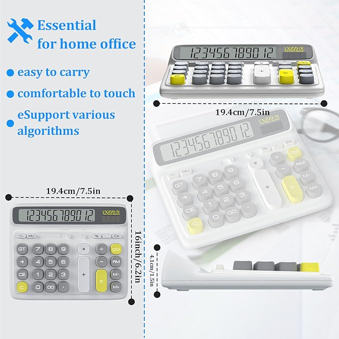 Desktop Calculator with Extra Large 5-Inch LCD Display, 12-Digit Two Way Power Solar & Battery Office Calculator with Big Buttons for Business, Accounting & Home Use(White)