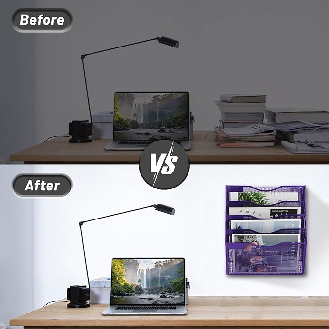 EASEPRES 5 Pocket Mesh Hanging Wall File Organizer, Wall Mounted Mail Paper Document Folder Holder, Clipboard Storage Organization Magazine Rack with Nametag Label for Office Home School, Purple