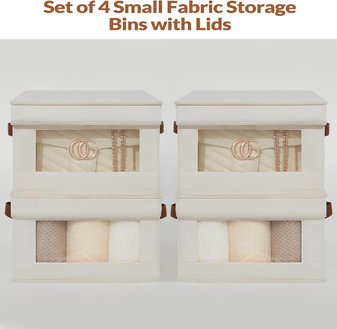 Fabric Storage Bins with Lids, Collapsible Closet Organizer with Sturdy Handles, Clear View Window, Stackable Storage Baskets for Clothes, Towels, Books, Hand Pull Closet Organizer Boxes-4-Pack, Beige