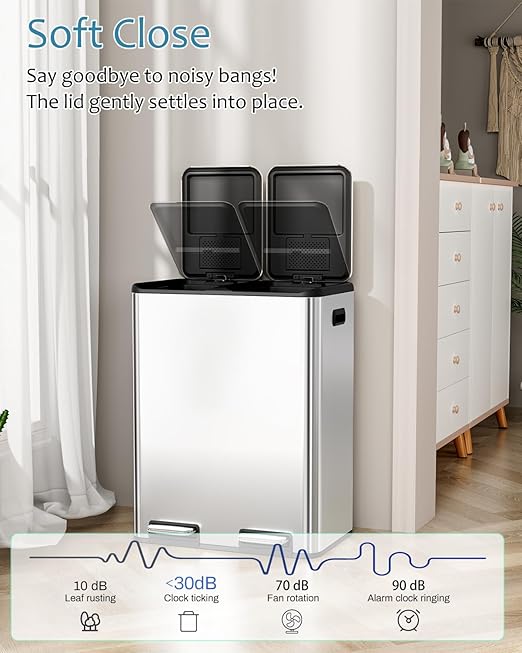 16 Gal (2 x 30 L) Dual Trash Can, Stainless Steel Kitchen Garbage Bin, Recycle Dustbin with Odor Control Box, Soft-Close Lid, Inner Buckets, Side Handle, Step Pedal, for Home Office