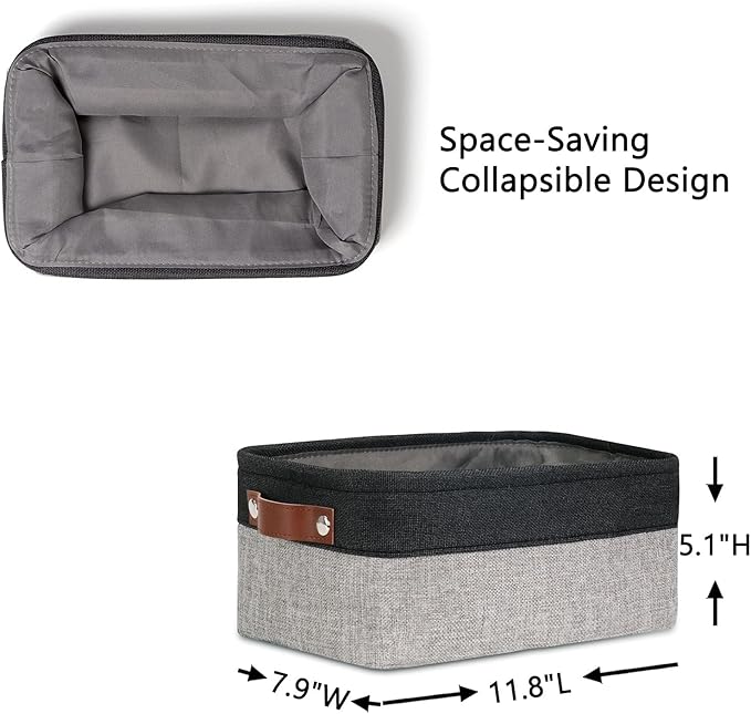 DULLEMELO Small Storage Baskets for Shelves, Small Fabric Collapsible Rectangular Storage Bins for Shelves, Closets, Nursery, Home, Office, Empty Gift Baskets (6-Pack, Black&Gray)