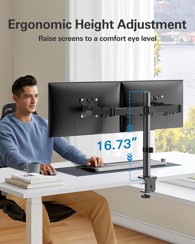 HUANUO Dual Monitor Desk Mount, Heavy-Duty Steel Adjustable Arm for 13-32 Inch Screens, Tilt, Swivel, Rotate, C-Clamp & Grommet Base, Holds up to 17.6 lbs per Arm, VESA 75/100mm