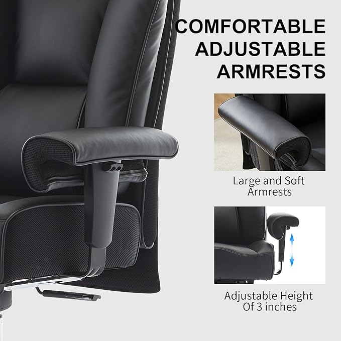 Efomao Ergonomic Office Chair 450LBS with Foot Rest, High Back PU Leather Executive Office Chair with Adjustable Armrests, Lumbar Support for Home or Work, Computer Chair, Black