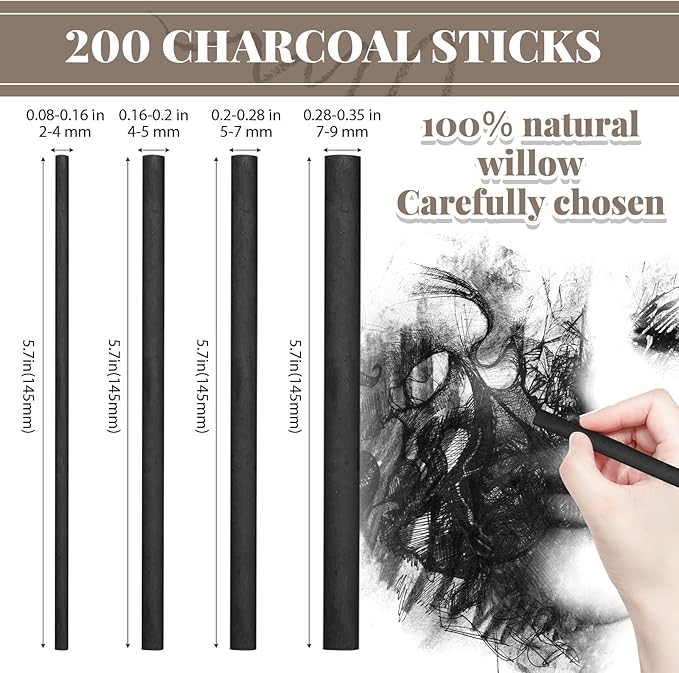 Gueevin 200 Pcs Willow Charcoal Sticks, Willow Charcoal, Artists, Beginners, Students, Perfect for Sketching, Drawing, Shading, and Fine Art (2-4mm,4-5mm,5-7mm,7-9mm)