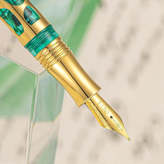 Asvine V169 Vacuum Filling Fountain Pen Iridium Fine Nib, Water Drop Skeleton Gold Trim Transparent Green Acrylic Pen Case Set