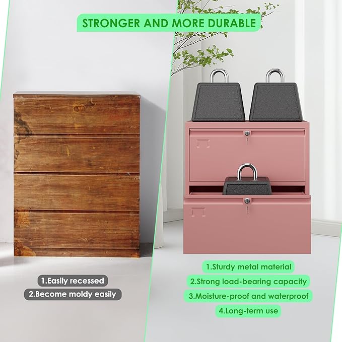 Aobabo 2 Drawer Wide Lateral File Cabinet, Metal Filing Cabinet with Lock, Suitable for Home Office School Hanging Files Letter/Legal/F4/A4 Size,Pink,Required-Assembly,15.87" D x 28.94" W x 30.24" H