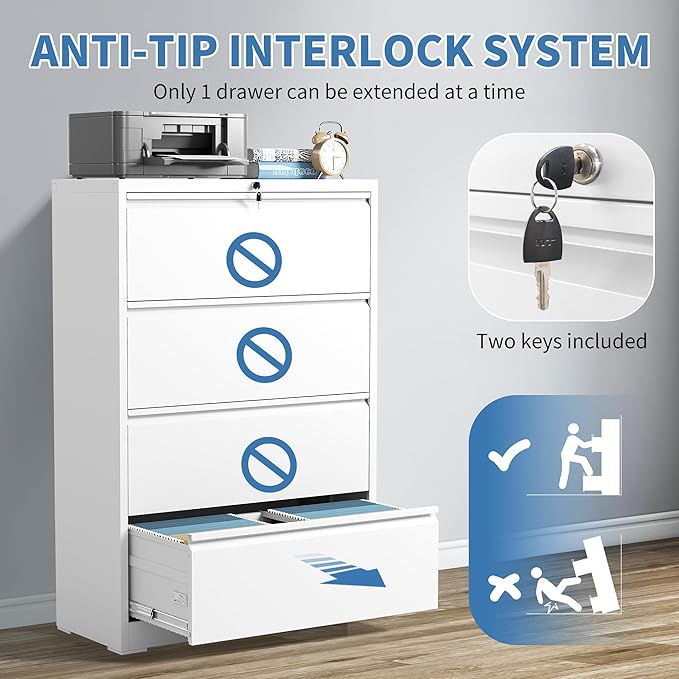 File Cabinets 4 Drawer,Metal Office Storage Filing Cabinet with Lock,White Lateral Filing Cabinet for Home Office,Horizontal Locking File Cabinets for Legal/Letter/A4,Assembly Require,White
