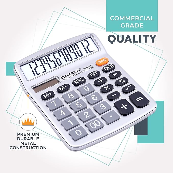 CATIGA 12 Digits Desktop Calculator with Large LCD Display, Dual Solar Power and Battery, Standard Function for Office, Home, School, CD-2786