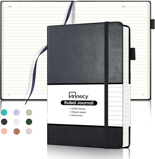 Annecy Lined Journal Notebook, Hardcover Numbered College Ruled Journal, Medium 5.5x 8.25, 160 Pages 100GSM Writing Paper, Black