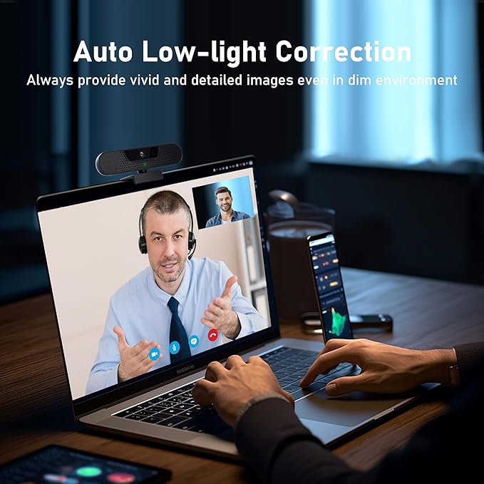 4K Webcam, Computer Camera with 4 Noise-canceling Microphones for Computer/Laptop/Mac, Privacy Cover and Tripod, Work with Video Conference, Live Streaming, Gaming, Video Calls, Zoom