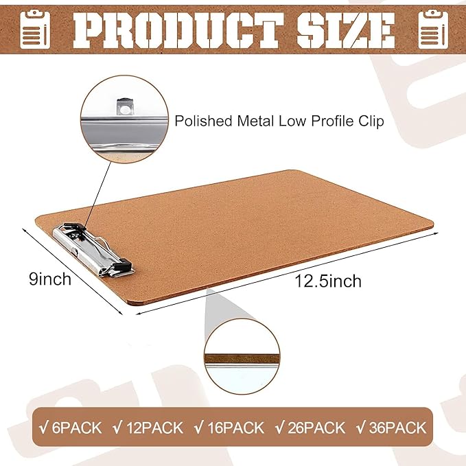 Clipboards, PANDRI 12 Pack Hardboard Office Clipboards, Low Profile Clip, Clip Boards 8.5x11 Standard Letter Size, Classroom Supplies, ECO Friendly