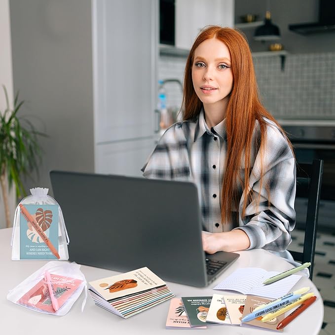 24 Set/48 Pcs Positive Affirmation Gift Set Gratitude Notebooks with Pens Small Bags Motivational Encouragement Notepads Daily Affirmations Journal for Women Stress Relief Self Care (Plant)