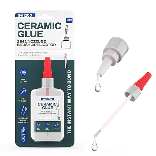 GH1200 Ceramic Glue Repair with Brush Applicator & Nozzle (20 g), Waterproof, Clear, Smooth. Fast Drying, Ceramic Glue for Pottery, Dishes, Mugs & More