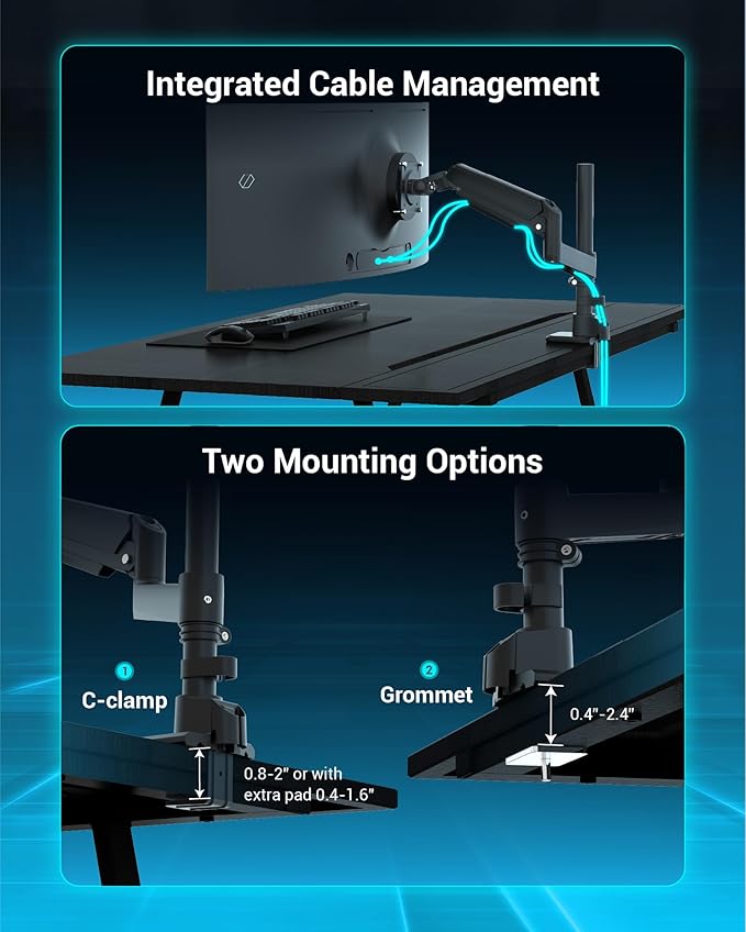 Heavy Duty Monitor Arm for 13-49 Inch Ultrawide Screens, Holds Up to 44lbs, Fully Adjustable Single Monitor Mount, with Clamp & Grommet Base, 75/100mm VESA Desk Mount, Black