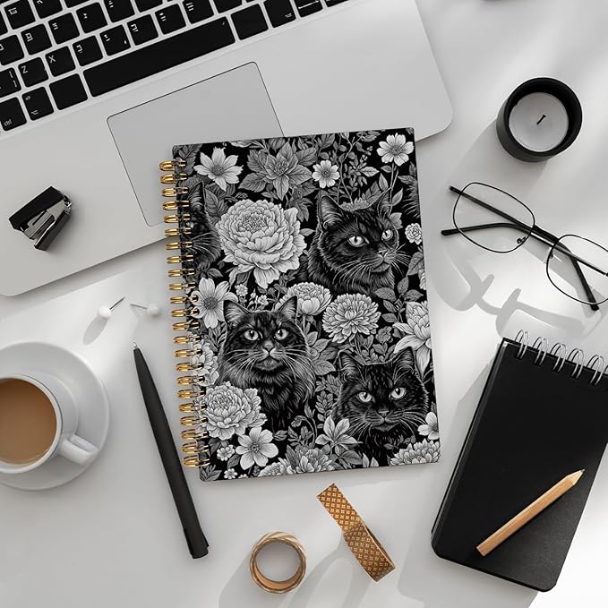 Cat Notebook Journal, Vintage Black White Floral Cats Spiral Notebook for School Supplies, Cat Lover Gifts for Women Men, Black Cat Gifts for Girls 5.5x8.3 Inch