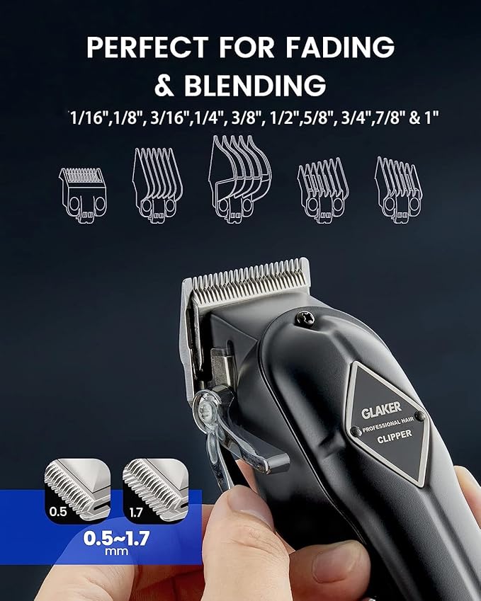GLAKER Hair Clippers for Men Professional - Cordless Clippers and Trimmers Set, Complete Barber Kit for Hair Trimming & Beard Grooming, Mens Haircutting Kits for Blending & Fade Cuts (Black)