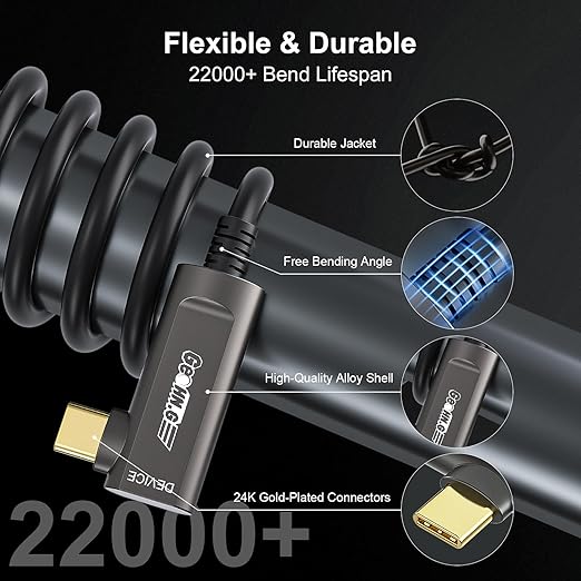 GeoHN.G USB C to C Fiber Optic Extension Cable 10M/33FT, Right Angle USB 3.2 10Gbps Long Distance Active Optical USB C Cable for VR/AR, Quest2, Webcam, Camera, Mini PC and More