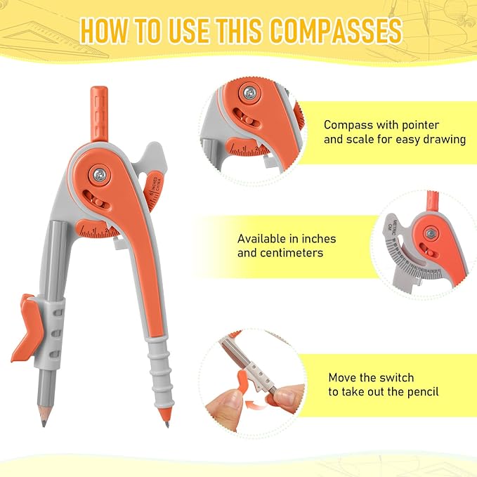 Chengu 12 Set Compass and Protractor Set, Multicolor Compass Geometry Tool 6 Inch 180 Degree Translucent Protractors for Geometry, Math Graphing Drawing Tools for Office and School Supplies