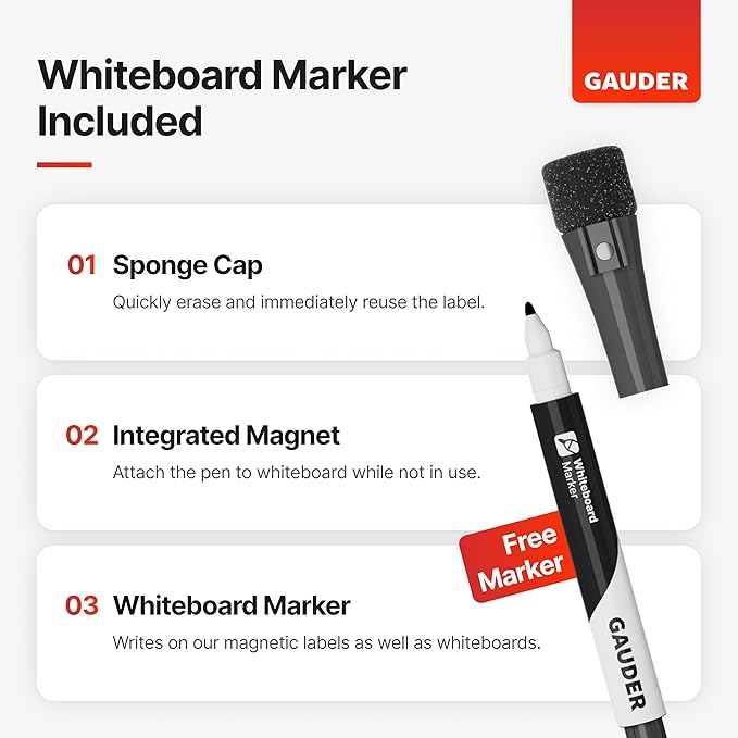 GAUDER Magnetic Labels Writable - Reusable Magnet Tags for Whiteboard, Chalkboard, Kanban Board and Refrigerator - Magnet Cards with Marker (90 Pack - 3 x 1 Inches)