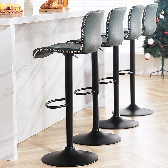 HeuGah Bar Stools Set of 4, Swivel Counter Height Barstools with Back, Adjustable Height 24" to 32", Faux Leather Bar Chairs for Kitchen Island (Deep Teal, Set of 4 (24'' to 32''))