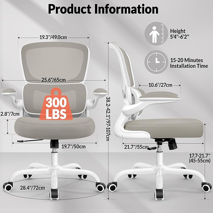 Home Office Desk Chair, Ergonomic Office Chair with Lumbar Support and Adjustable Armrests, Rocking Office Chair, Breathable Mesh Mid Back Computer Chair, Modern Comfy Desk Chair