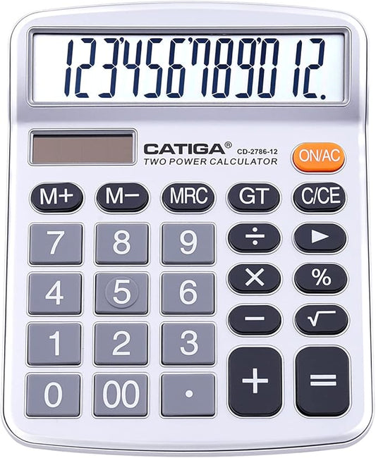 CATIGA 12 Digits Desktop Calculator with Large LCD Display, Dual Solar Power and Battery, Standard Function for Office, Home, School, CD-2786