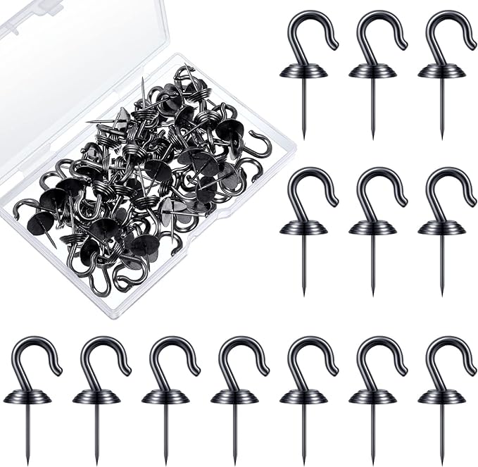 Hotop 60 Pieces Push Pin Wall Hooks Metal Thumb Tack Hangers Iron Alloy Nail Decorative Picture Hooks for 20 Lbs Home Office School Party Supply (Black)