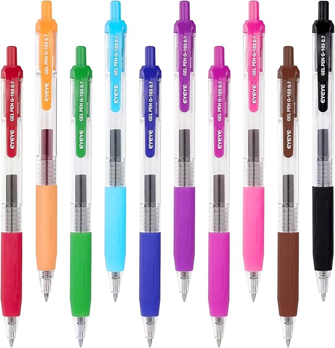 EYEYE G-103 Retractable Gel Pens Medium Point, Pack of 10 Assorted Colors 0.7mm Gel Ink Pen Quick Dry, Ballpoint Pen Fine Point Smooth Writing Pens for for Office School Supplies