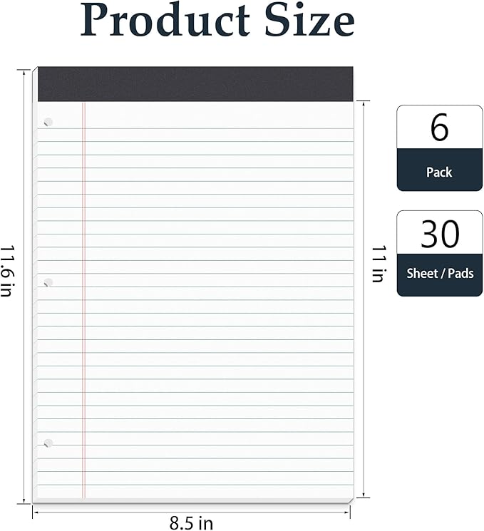 HAUTOCO 6 Pack 8.5 x 11 Legal Pads White Wide Ruled Notepads Perforated Writing Pads, 30 Sheets Per Notepad, 3-Hole Punched Paper, Writing Note Pads for School, Home, Office, Business