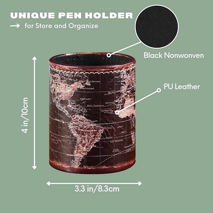 Black World Map Pencil Holder for Desk, PU leather Pencil Cup, Globe Pen Holder for Desk Office Supply Organizer PH46