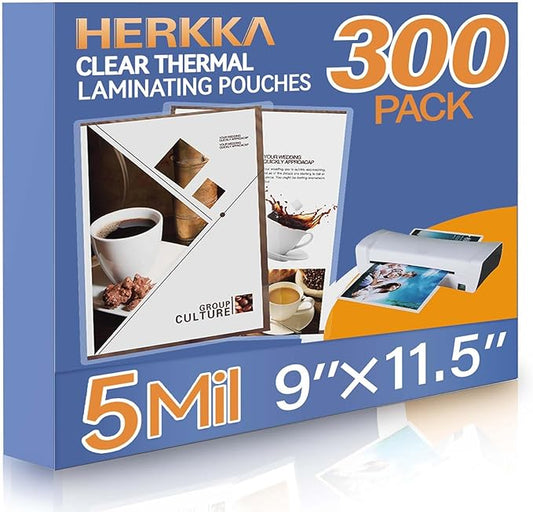 HERKKA 300 Pack Laminating Sheets, Holds 8.5 x 11 Inch Sheets, 5 Mil Clear Thermal Laminating Pouches 9 x 11.5 Inch Lamination Sheet Paper for Laminator, Round Corner Letter Size
