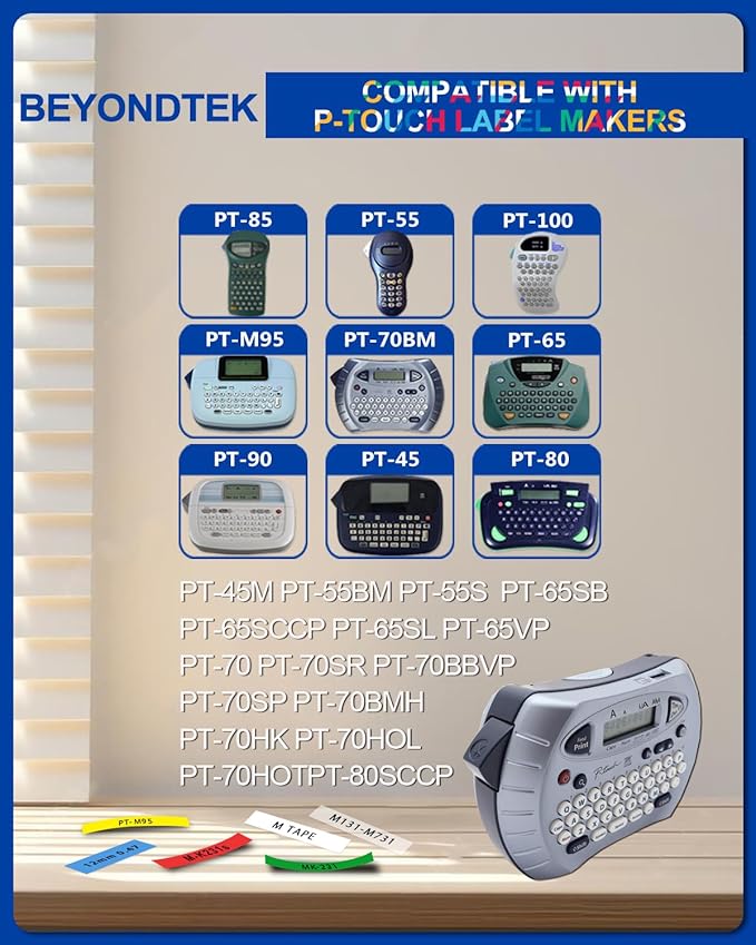 6Pk P Touch M Tape Work with PT-65 PT-70 PT-70BM PT-M95 PTM95 Replace with Brother P Touch M Tape 12mm 0.47 M-K 131 M-K231s 431s 531s 631s 731s for Brother PTouch PT-45 PT-80 PT-90,8m 26.2ft