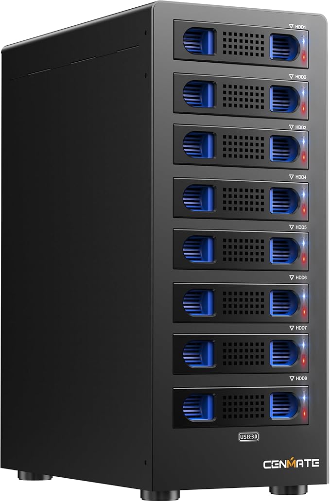 8 Bay Hard Drive Enclosure with Cooling Fan for 2.5/3.5" SATA HDD/SSD with USB A/C 3.0 Cable, 3.5 Hard Drive Enclosure Supports 160TB Capacity, Tool-Free HDD Enclosure, DAS(NO RAID/NAS)
