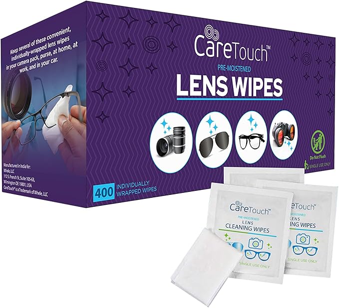Care Touch Lens Wipes for Eyeglasses- 400 Count Individually Wrapped Pre- Moistened Wipes, 5 x 6 Inch- Camera Lens, Sunglasses and Glasses Cleaner,- Gentle and Portable for Cleaning of Optical Devices