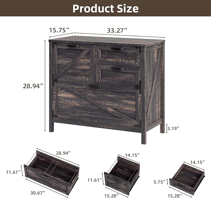 4-Drawer Wood Lateral File Cabinet for Hanging Files Letter/A4/Legal Size, Large Farmhouse File Cabinets for Home Office, Printer Stand with Office Cabinets, Office Furniture, Dark Rustic Oak