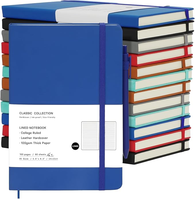 Coopay 12 Pack A5 Journal Notebook with 12 Pens Bulk Classic Ruled Hardcover Leather Journal Set with Pen Holder for Men Women Writing, Office, Home, School, College, Business, 8.3” x 5.5” (6 Colors)