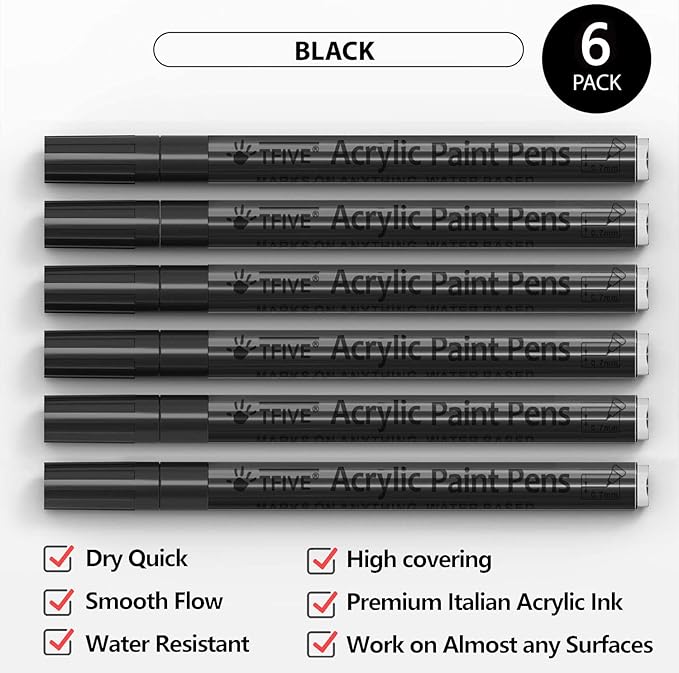 Black Marker Paint Pens - 6 Pack Acrylic Black Permanent Marker, 0.7mm Extra Fine Tip Paint Pen for Art projects, Drawing, Rock Painting, Stone, Ceramic, Glass, Wood, Plastic, Metal, Canvas DIY Crafts