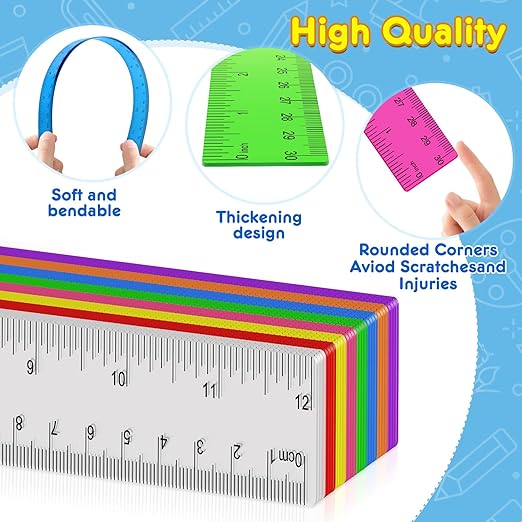 64 Pack Plastic Ruler 12 Inch in Bulk, Plastic Rulers in Assorted Colors, Clear Ruler with Inches and Centimeters, Transparent Rulers Bulk for Kids Back to School, Classroom, Office, Home Supplies