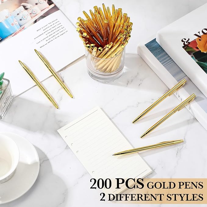Fuutreo 200 Pack Wedding Gold Pens Bulk Gold Metal Pens Slim Ballpoint Retractable Ballpoint with Black Ink Mini Conical for Wedding Favors Guests, Office Business Teachers,1.0 mm