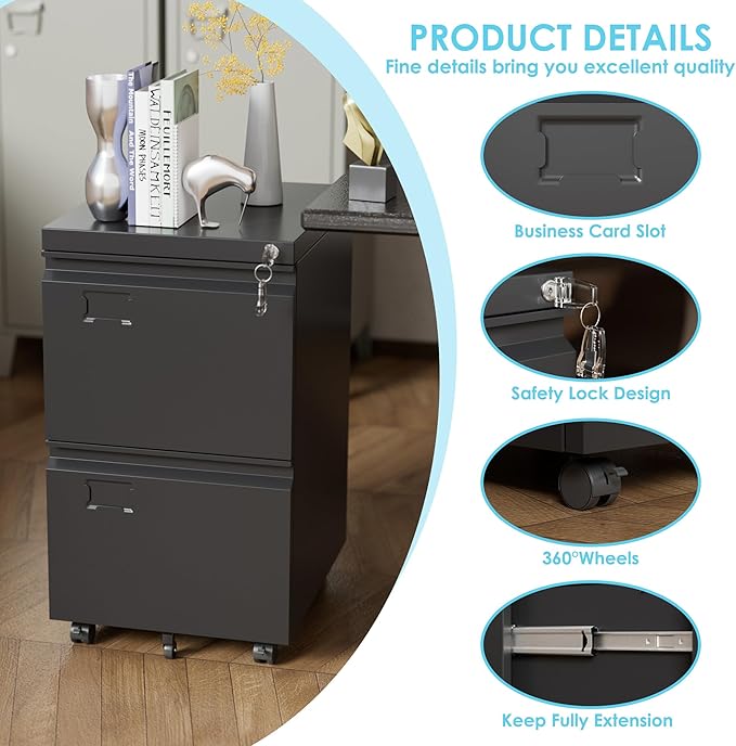 Aobabo 2 Drawer File Cabinet, Lockable Metal Filing Cabinet with Wheels for Home Office, Legal/Letter Size, Required Assembled,Black