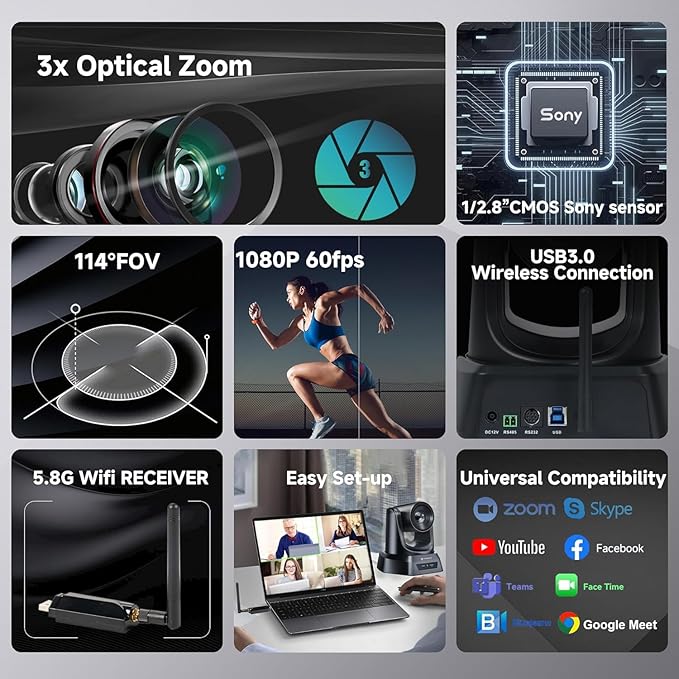 5.8GHz Wireless Conference Room Webcam, Church Live Streaming 3X USB 1080P 60fps PTZ Camera for Worship Services Online Conference, Works with Zoom, OBS Easy to Set Up