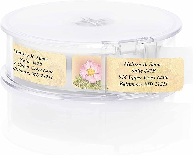 Antique Floral Designer Assorted Rolled Address Labels with Elegant Plastic Dispenser