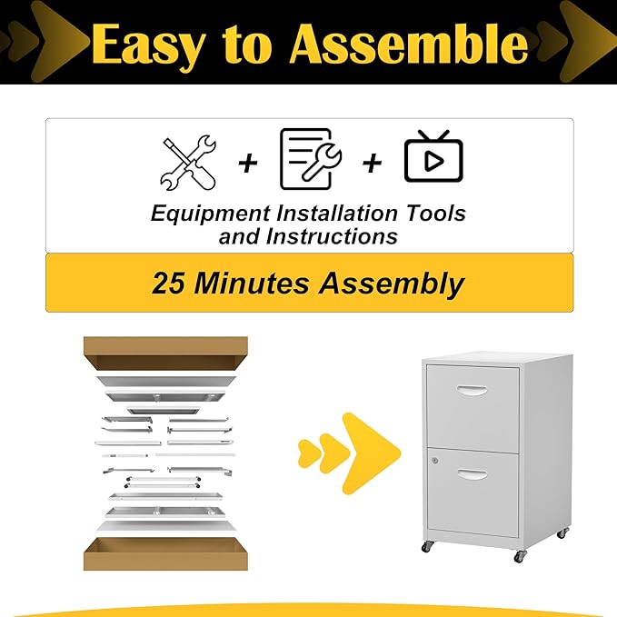 2 Drawer File Cabinet with Lock，White Rolling File Cabinet for Home Office, Metal Small Mobile Filing Cabinets on Wheels for Hanging Letter