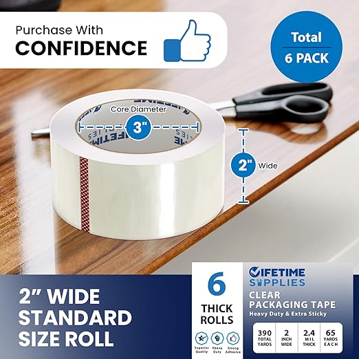 6 Rolls | 2.4 mil Clear | 65 Yards Each (390 Yards Total) | 2" Premium Packing Tape Heavy Duty Packaging Tape for Shipping Moving Stronger Thicker