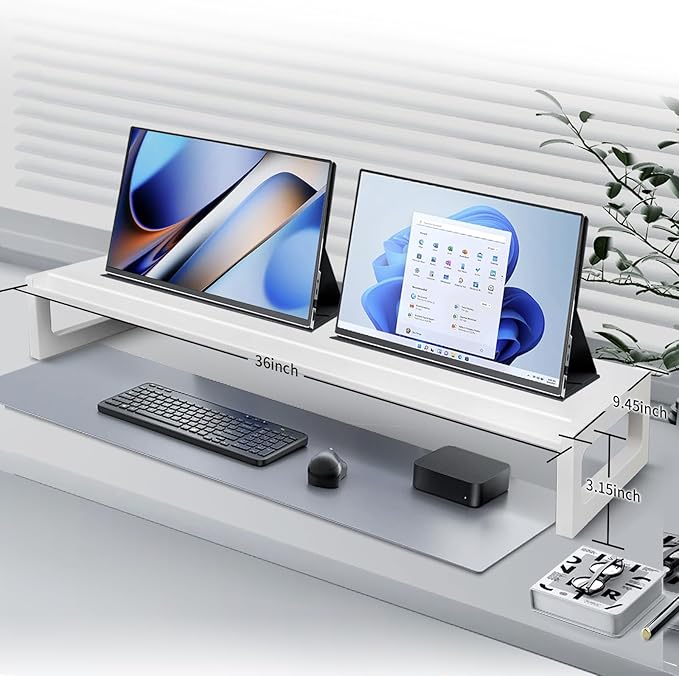 Dual Monitor Stand Riser – 36-Inch Computer Monitor Stand with Multifunctional Slot for 2 Monitors, Multi-Purpose Desktop Storage for Laptop, Printer, TV