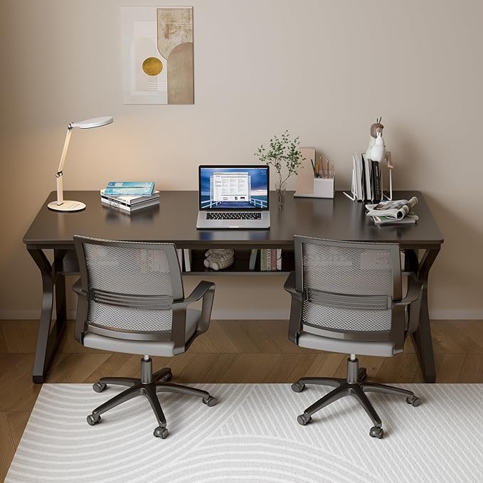 Extra Long Desk with Bookshelf - 63" Double Long Writing Table for 2-Person Workstation, Modern Study Work Computer Desk for Home and Office, Black