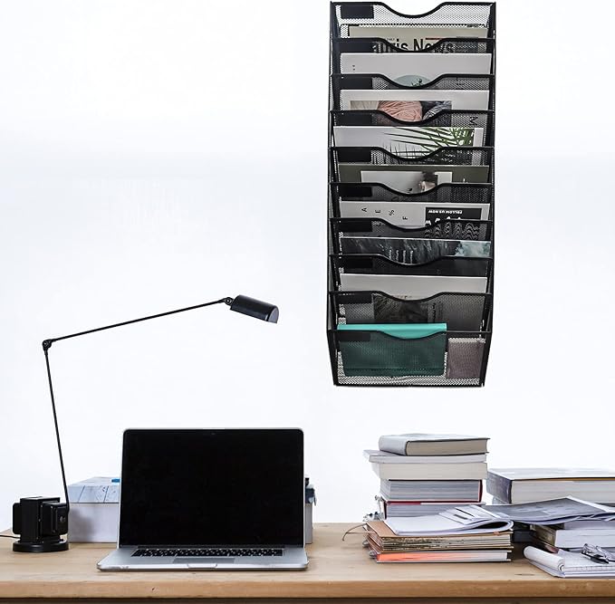 EASEPRES 10 Pocket Mesh Hanging Wall File Organizer, Wall Mounted Mail Paper Document Folder Holder, Clipboard Storage Organization Magazine Rack with Nametag Label for Office Home School, Black