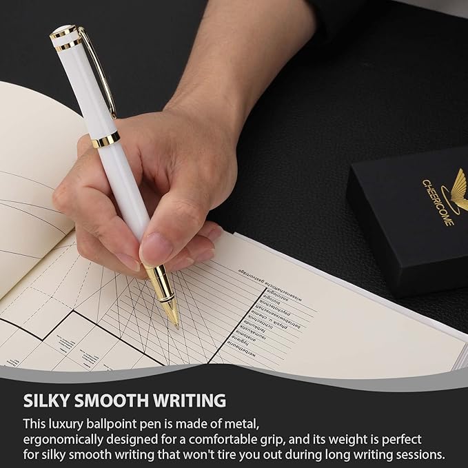 Cheericome Luxury Ballpoint Pen - Professional & Executive, Perfect for Silky Smooth Writing, with Gift Box, Nice for Men & Women, 2 Extra 0.5mm Black Refills - White